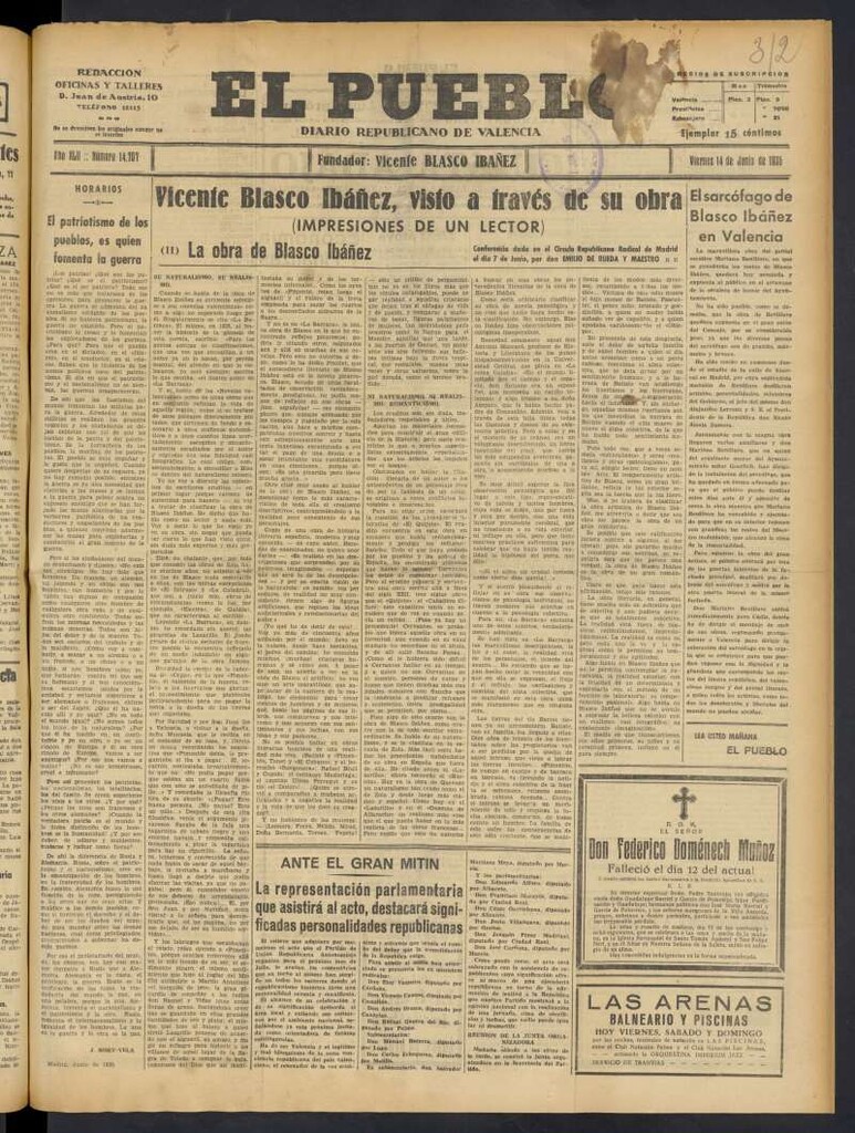 Miniatura de El Pueblo : Diario republicano de Valencia del 14 de junio de 1935, nº 14.707