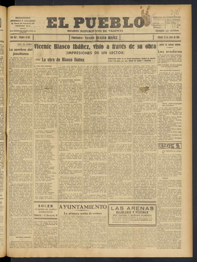 Miniatura de El Pueblo : Diario republicano de Valencia del 15 de junio de 1935, nº 14.708