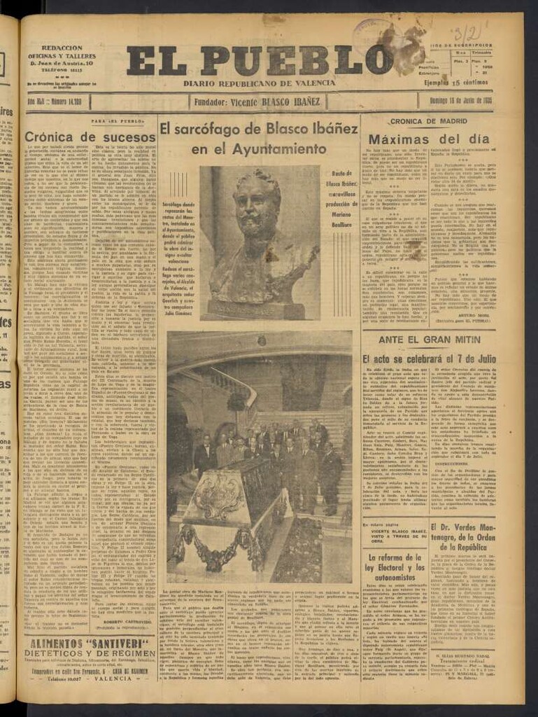 Miniatura de El Pueblo : Diario republicano de Valencia del 16 de junio de 1935, nº 14.709