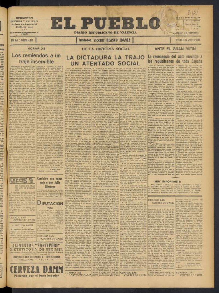 Miniatura de El Pueblo : Diario republicano de Valencia del 18 de junio de 1935, nº 14.710