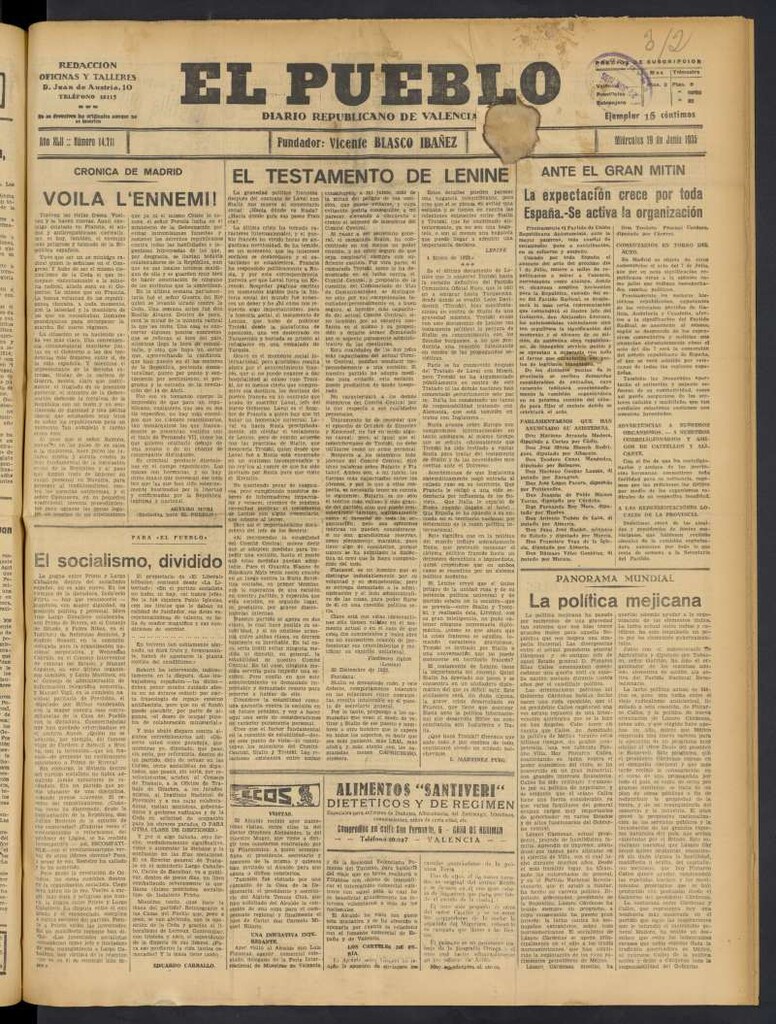 Miniatura de El Pueblo : Diario republicano de Valencia del 19 de junio de 1935, nº 14.711