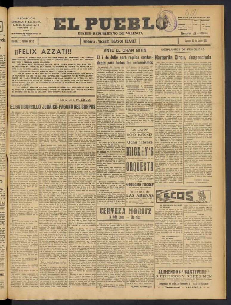 Miniatura de El Pueblo : Diario republicano de Valencia del 20 de junio de 1935, nº 14.712