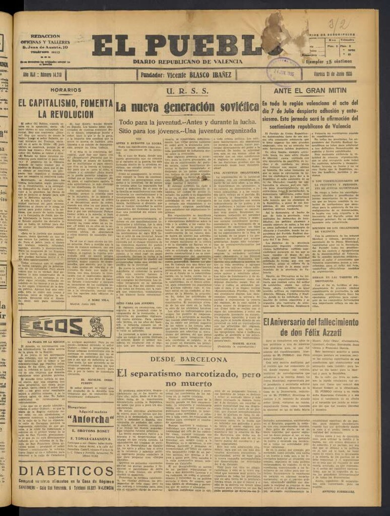 Miniatura de El Pueblo : Diario republicano de Valencia del 21 de junio de 1935, nº 14.713