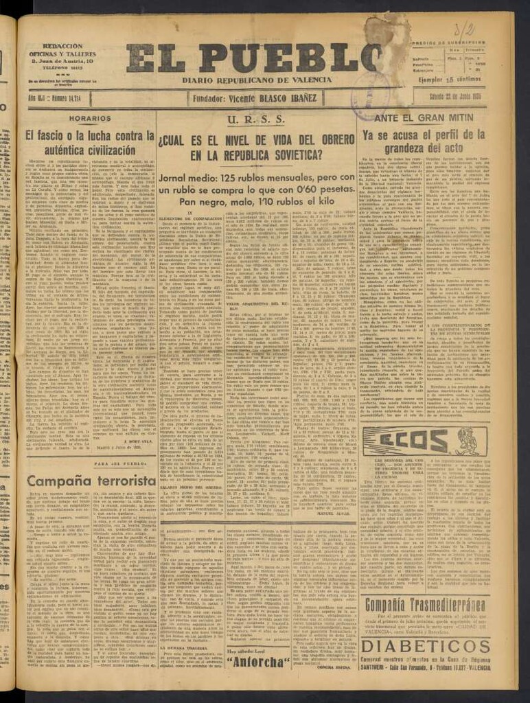 Miniatura de El Pueblo : Diario republicano de Valencia del 22 de junio de 1935, nº 14.714