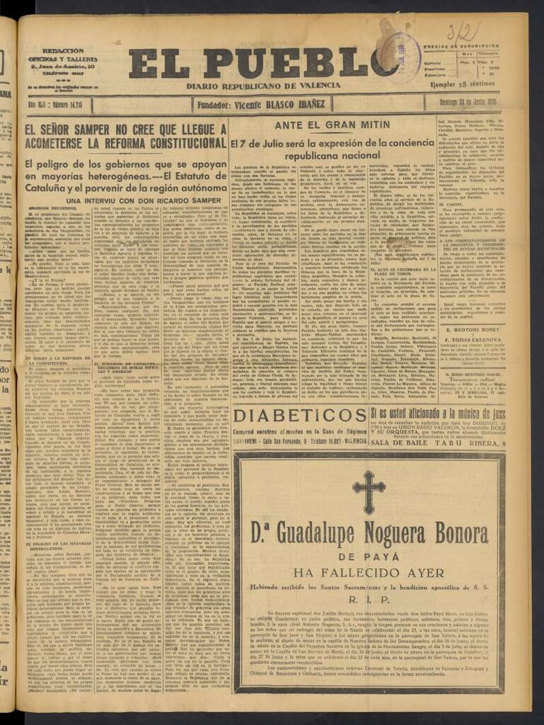 Miniatura de El Pueblo : Diario republicano de Valencia del 23 de junio de 1935, nº 14.715