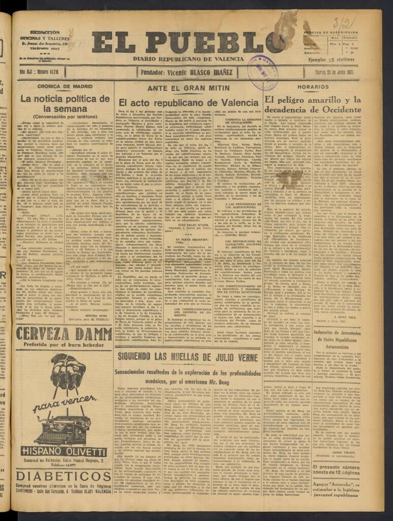 Miniatura de El Pueblo : Diario republicano de Valencia del 25 de junio de 1935, nº 14.716