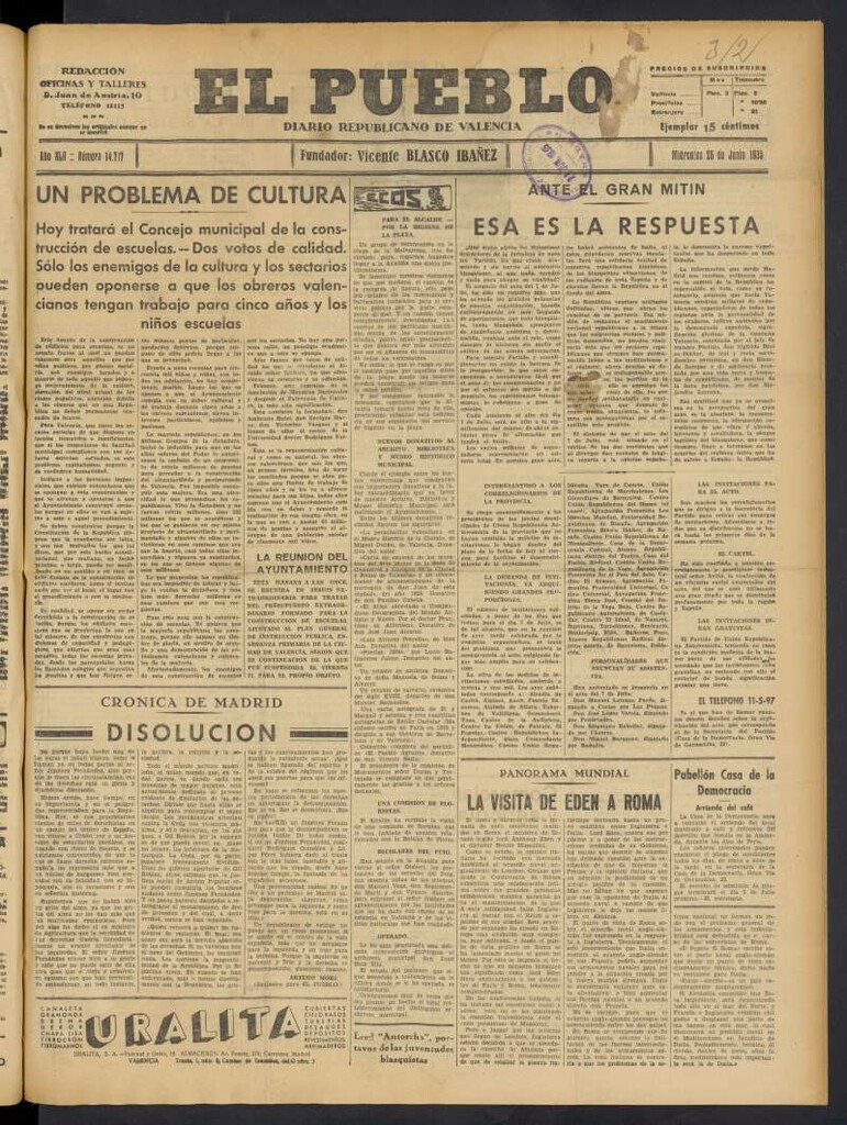 Miniatura de El Pueblo : Diario republicano de Valencia del 26 de junio de 1935, nº 14.717