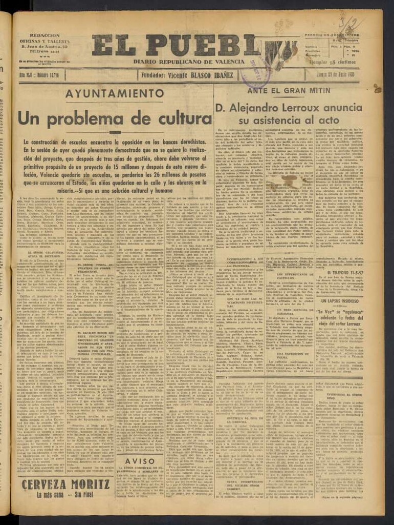 Miniatura de El Pueblo : Diario republicano de Valencia del 27 de junio de 1935, nº 14.718