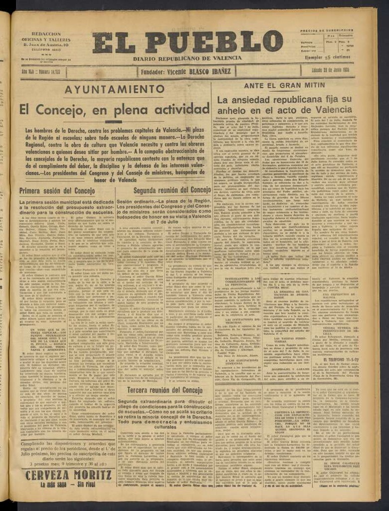 Miniatura de El Pueblo : Diario republicano de Valencia del 29 de junio de 1935, nº 14.720