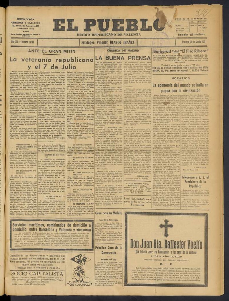 Miniatura de El Pueblo : Diario republicano de Valencia del 30 de junio de 1935, nº 14.721