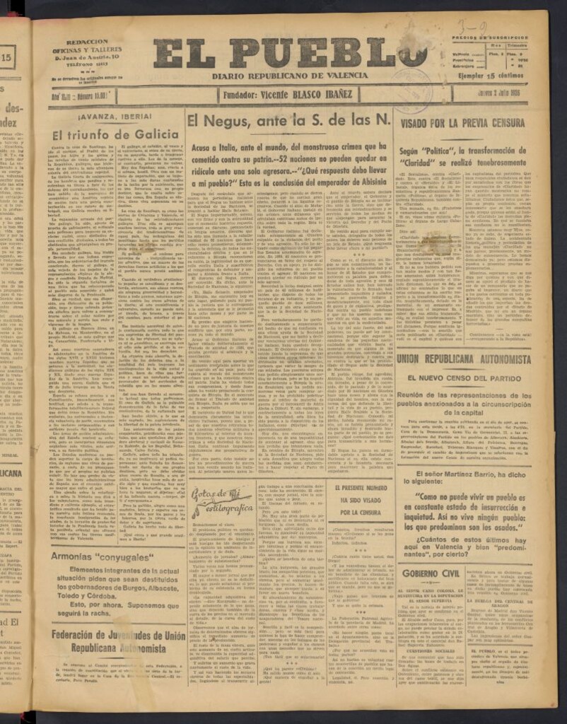 Miniatura de El Pueblo : Diario republicano de Valencia del 2 de julio de 1936, nº 15.003