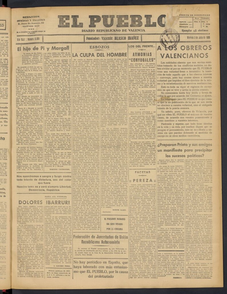 Miniatura de El Pueblo : Diario republicano de Valencia del 3 de julio de 1936, nº 15.004