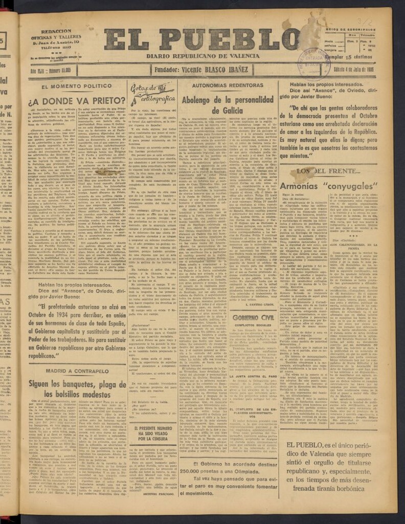 Miniatura de El Pueblo : Diario republicano de Valencia del 4 de julio de 1936, nº 15.005