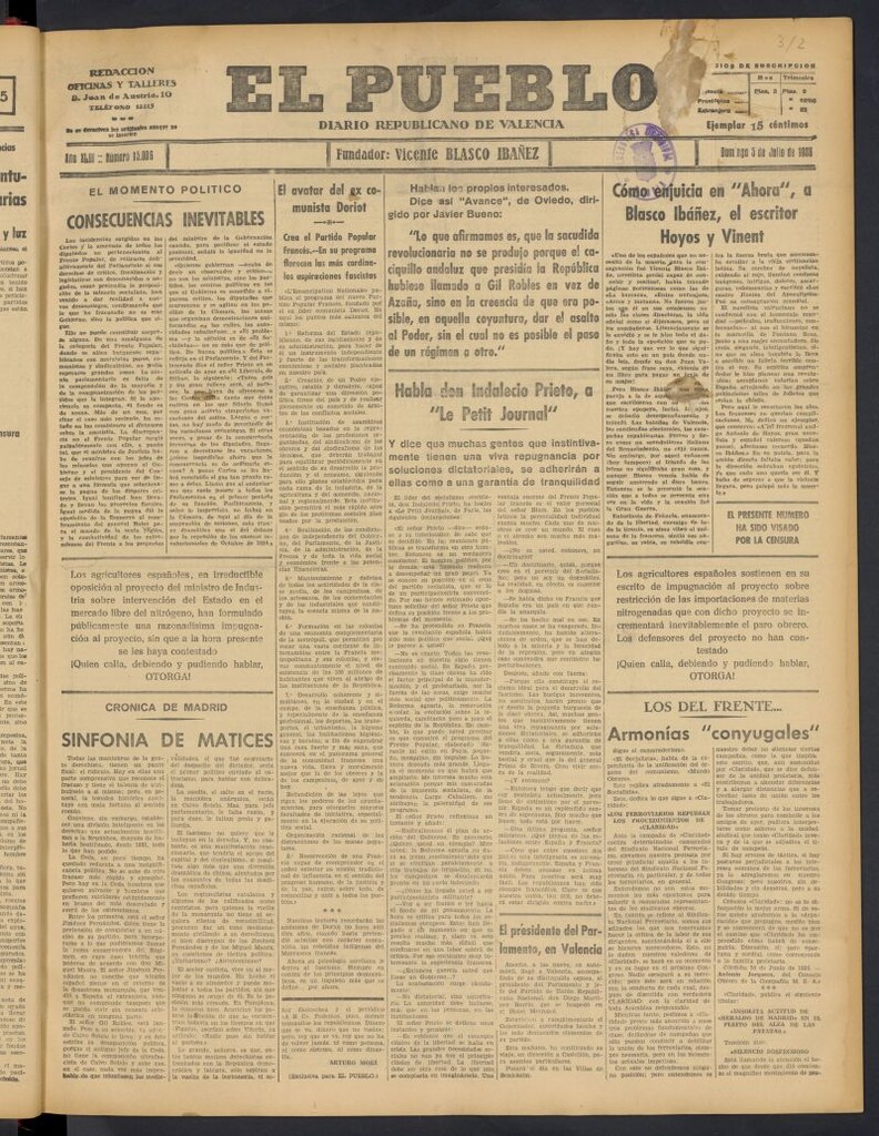 Miniatura de El Pueblo : Diario republicano de Valencia del 5 de julio de 1936, nº 15.006