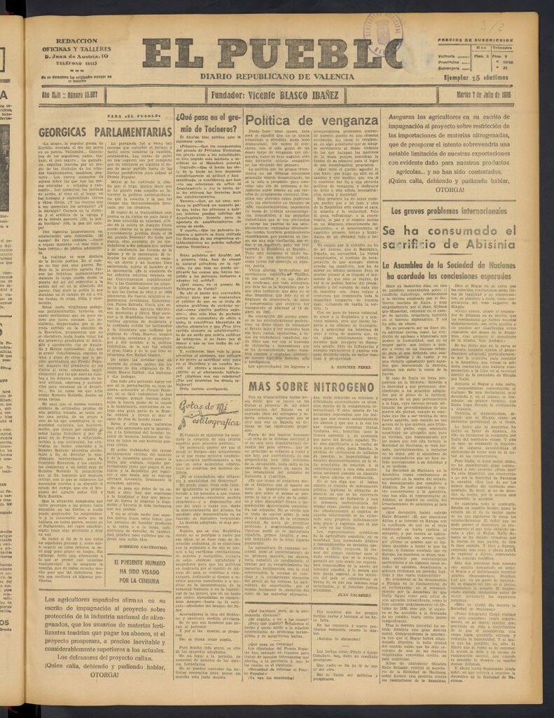 Miniatura de El Pueblo : Diario republicano de Valencia del 7 de julio de 1936, nº 15.007
