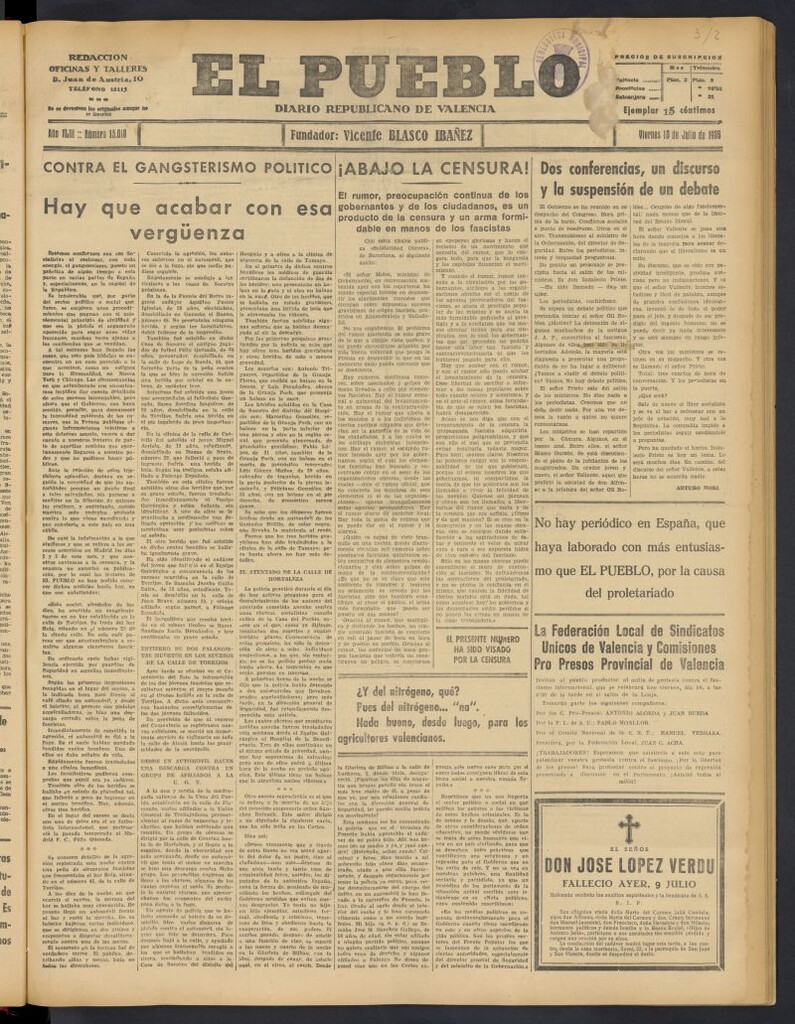 Miniatura de El Pueblo : Diario republicano de Valencia del 10 de julio de 1936, nº 15.010