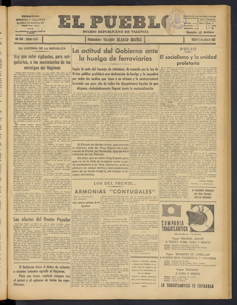 Miniatura de El Pueblo : Diario republicano de Valencia del 11 de julio de 1936, nº 15.011