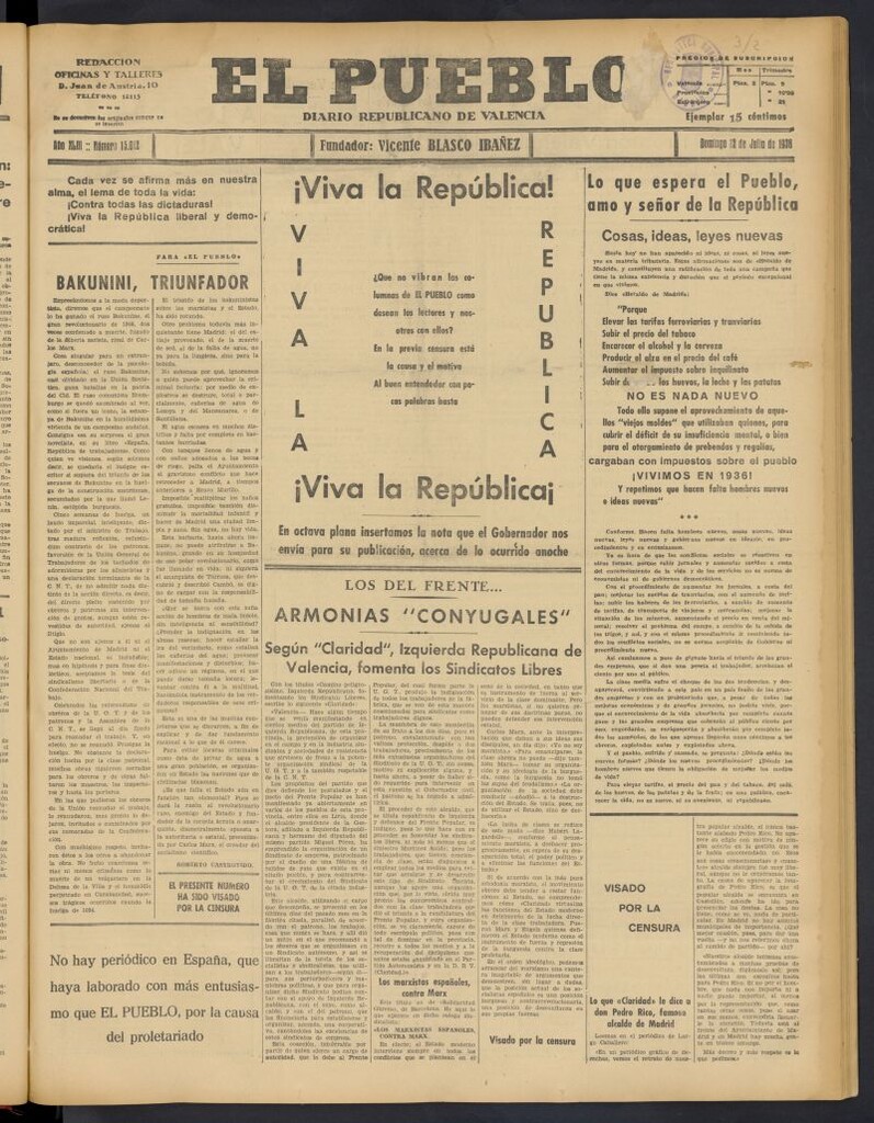 Miniatura de El Pueblo : Diario republicano de Valencia del 12 de julio de 1936, nº 15.012