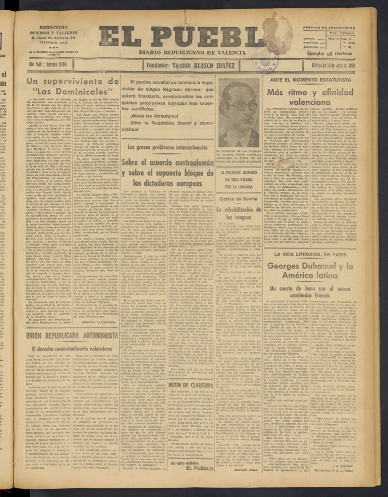 Miniatura de El Pueblo : Diario republicano de Valencia del 15 de julio de 1936, nº 15.014