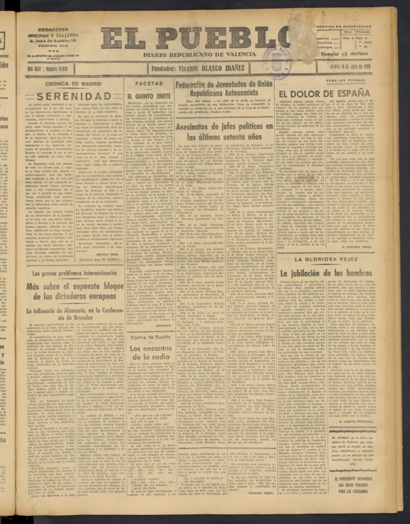 Miniatura de El Pueblo : Diario republicano de Valencia del 16 de julio de 1936, nº 15.015