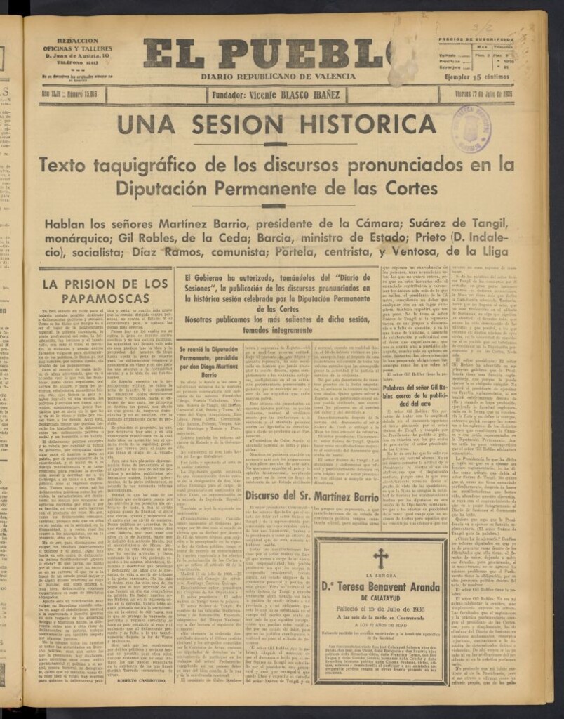 Miniatura de El Pueblo : Diario republicano de Valencia del 17 de julio de 1936, nº 15.016