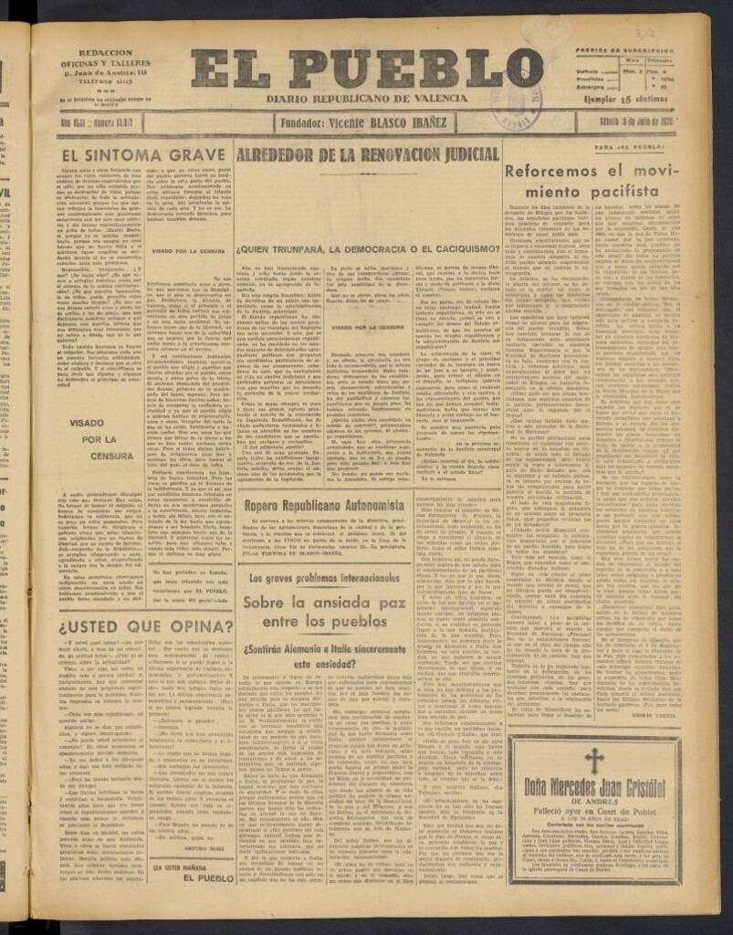 Miniatura de El Pueblo : Diario republicano de Valencia del 18 de julio de 1936, nº 15.017