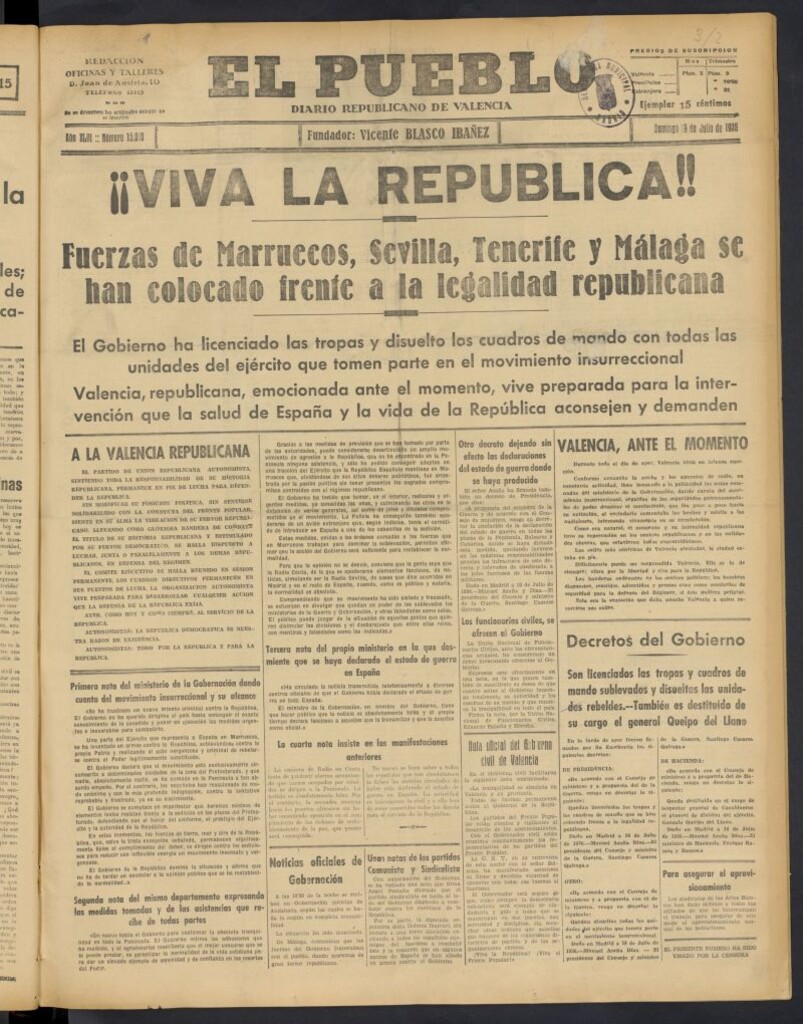 Miniatura de El Pueblo : Diario republicano de Valencia del 19 de julio de 1936, nº 15.018