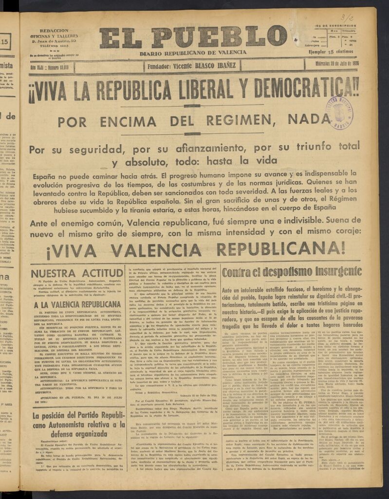 Miniatura de El Pueblo : Diario republicano de Valencia del 29 de julio de 1936, nº 15.019