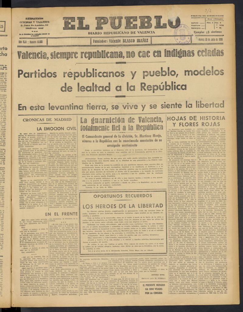 Miniatura de El Pueblo : Diario republicano de Valencia del 30 de julio de 1936, nº 15.020