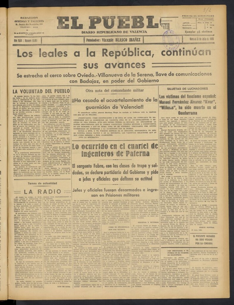 Miniatura de El Pueblo : Diario republicano de Valencia del 31 de julio de 1936, nº 15.021
