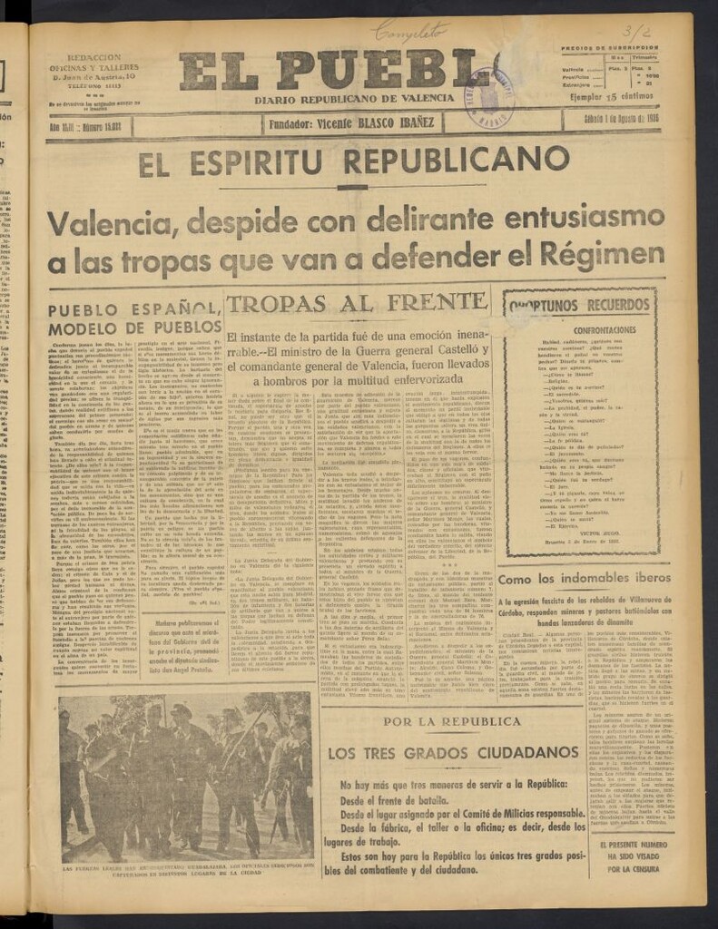 Miniatura de El Pueblo : Diario republicano de Valencia del 1 de agosto de 1936, nº 15.022