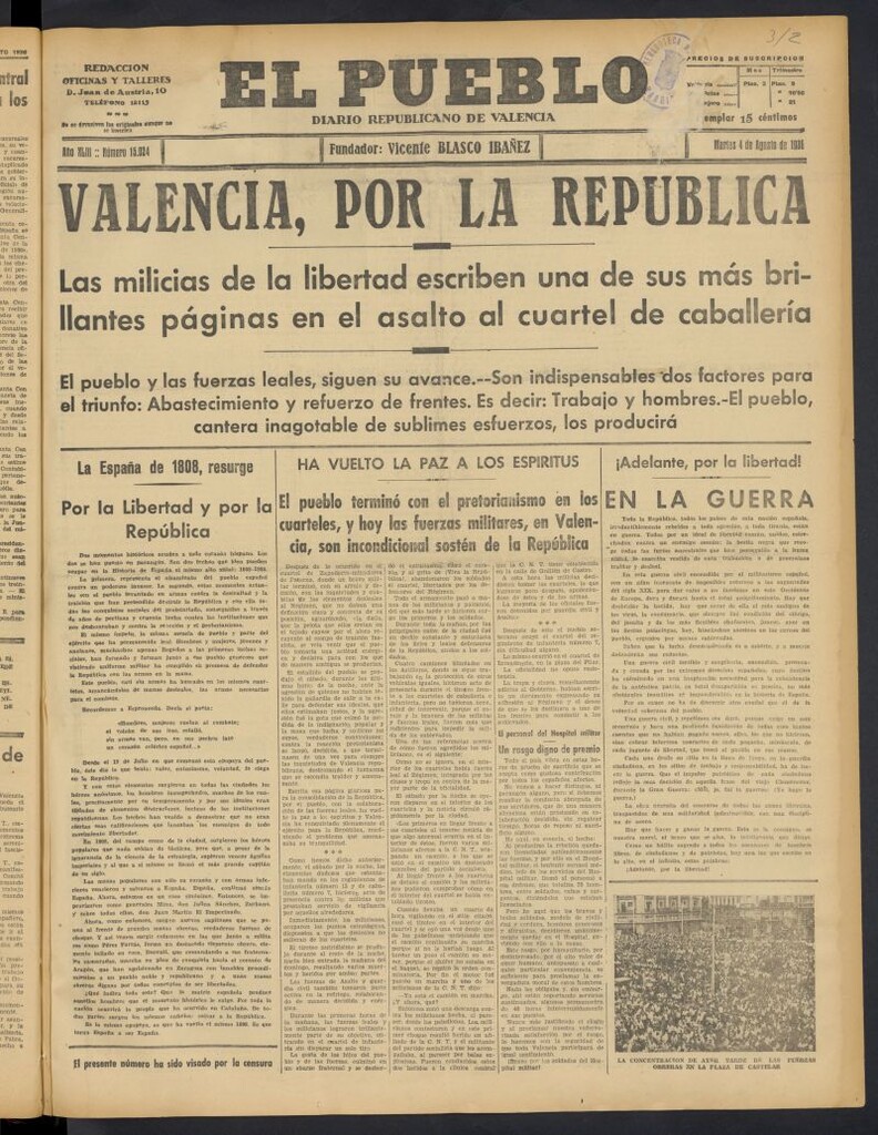 Miniatura de El Pueblo : Diario republicano de Valencia del 4 de agosto de 1936, nº 15.024