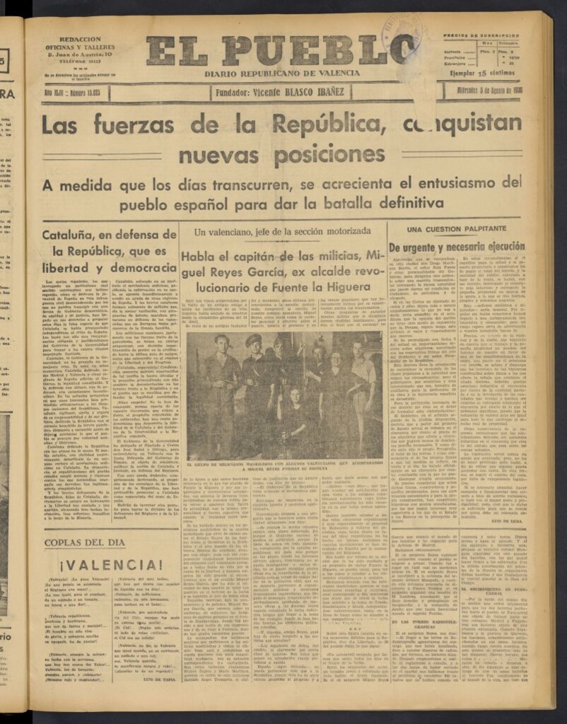 Miniatura de El Pueblo : Diario republicano de Valencia del 5 de agosto de 1936, nº 15.025