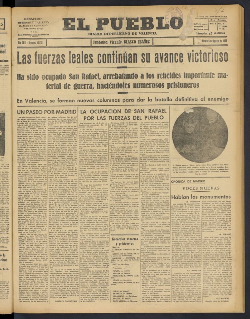 Miniatura de El Pueblo : Diario republicano de Valencia del 6 de agosto de 1936, nº 15.026