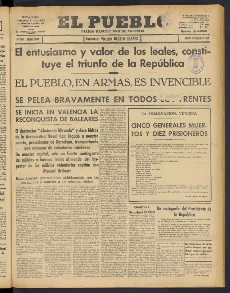 Miniatura de El Pueblo : Diario republicano de Valencia del 7 de agosto de 1936, nº 15.027