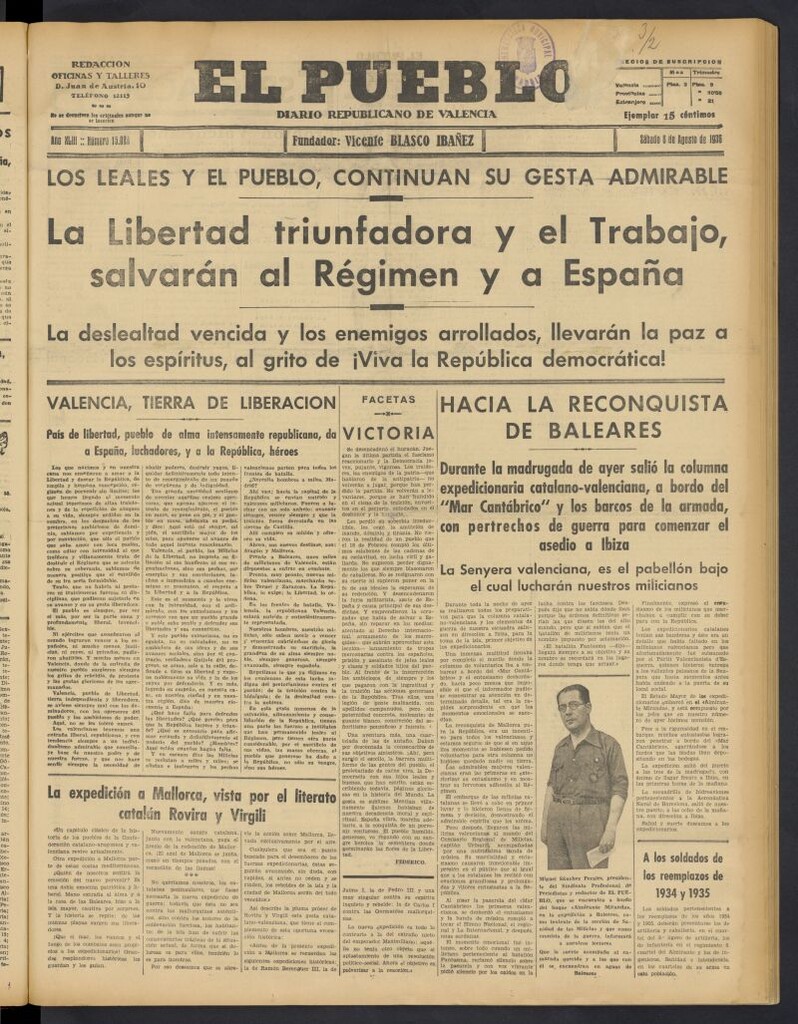 Miniatura de El Pueblo : Diario republicano de Valencia del 8 de agosto de 1936, nº 15.028