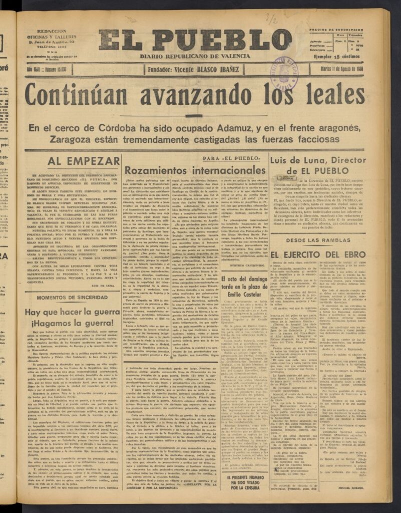 Miniatura de El Pueblo : Diario republicano de Valencia del 11 de agosto de 1936, nº 15.030