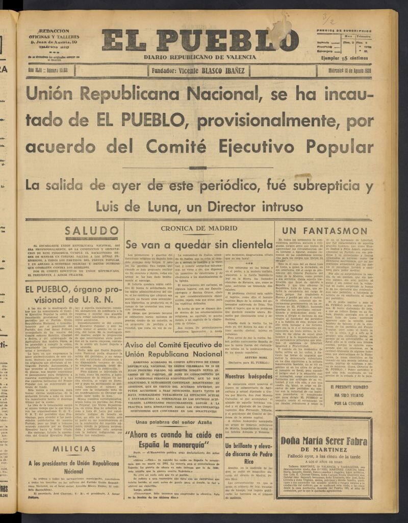 Miniatura de El Pueblo : Diario republicano de Valencia del 12 de agosto de 1936, nº 15.031