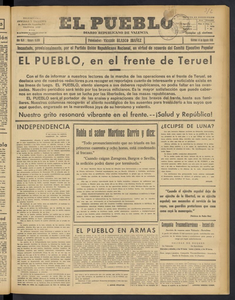 Miniatura de El Pueblo : Diario republicano de Valencia del 14 de agosto de 1936, nº 15.033