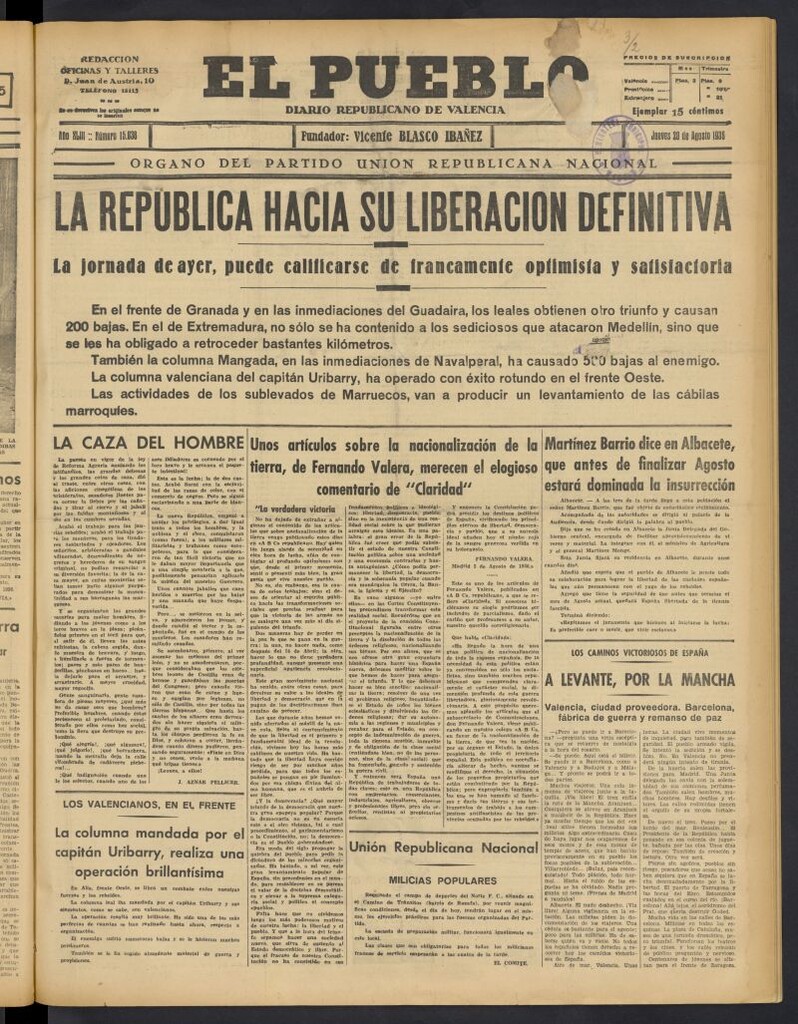 Miniatura de El Pueblo : Diario republicano de Valencia del 20 de agosto de 1936, nº 15.038