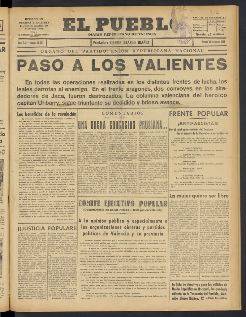 Miniatura de El Pueblo : Diario republicano de Valencia del 21 de agosto de 1936, nº 15.039
