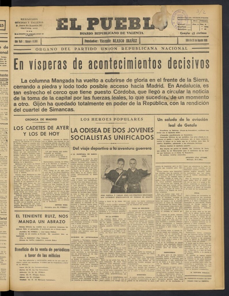 Miniatura de El Pueblo : Diario republicano de Valencia del 22 de agosto de 1936, nº 15.040