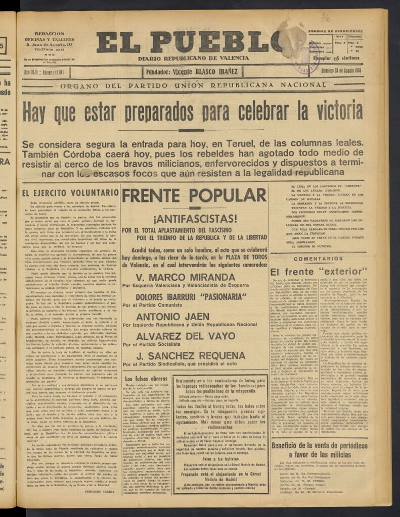 Miniatura de El Pueblo : Diario republicano de Valencia del 23 de agosto de 1936, nº 15.041