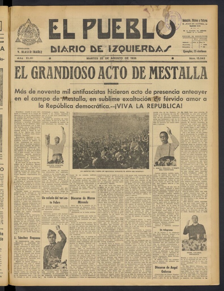 Miniatura de El Pueblo : Diario republicano de Valencia del 25 de agosto de 1936, nº 15.043 [sic]