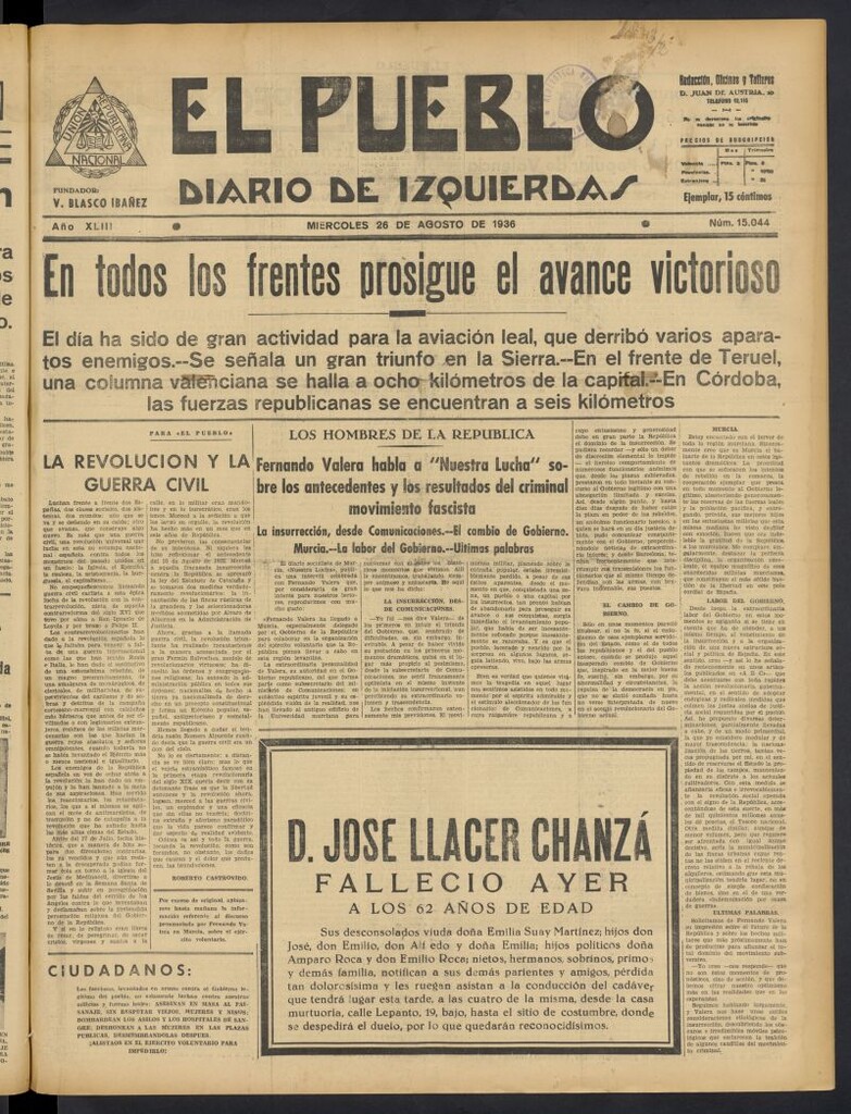 Miniatura de El Pueblo : Diario republicano de Valencia del 26 de agosto de 1936, nº 15.044