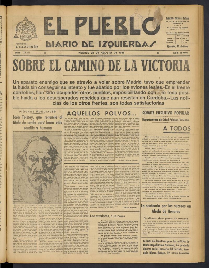 Miniatura de El Pueblo : Diario republicano de Valencia del 28 de agosto de 1936, nº 15.046