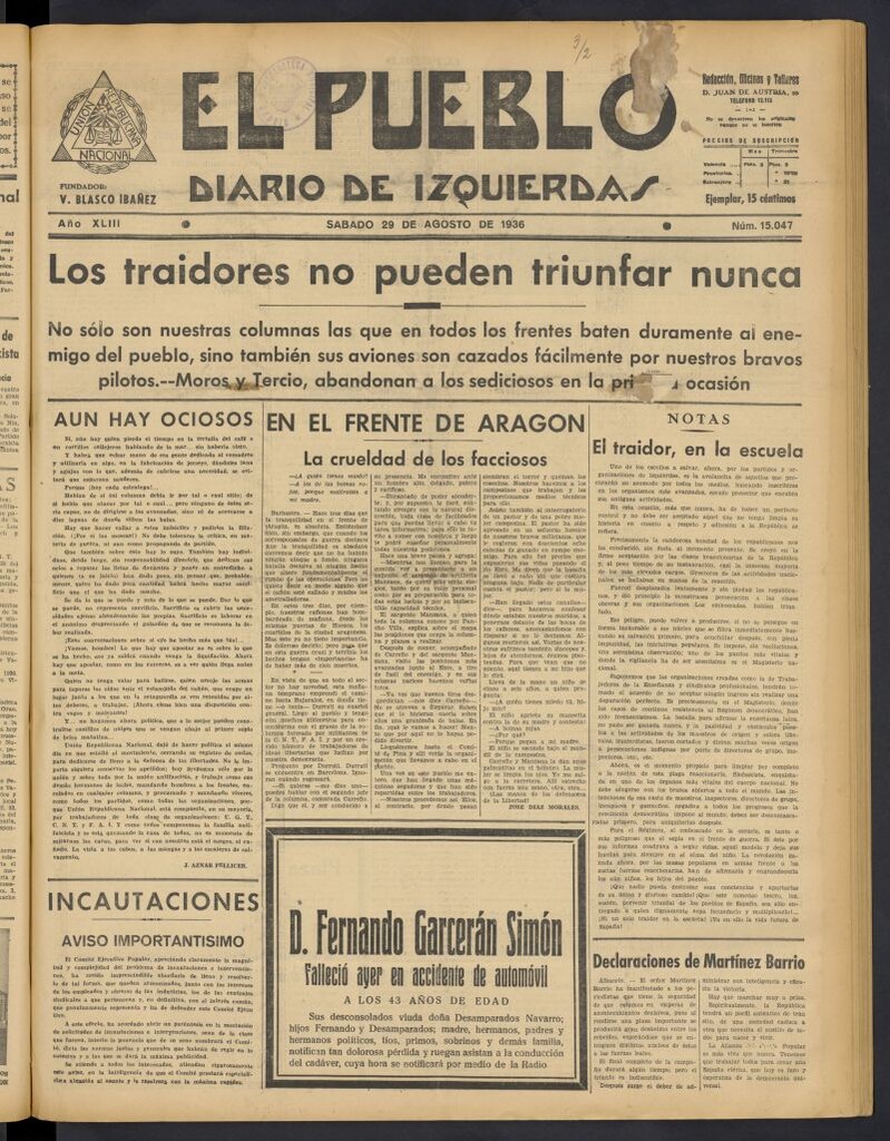 Miniatura de El Pueblo : Diario republicano de Valencia del 29 de agosto de 1936, nº 15.047