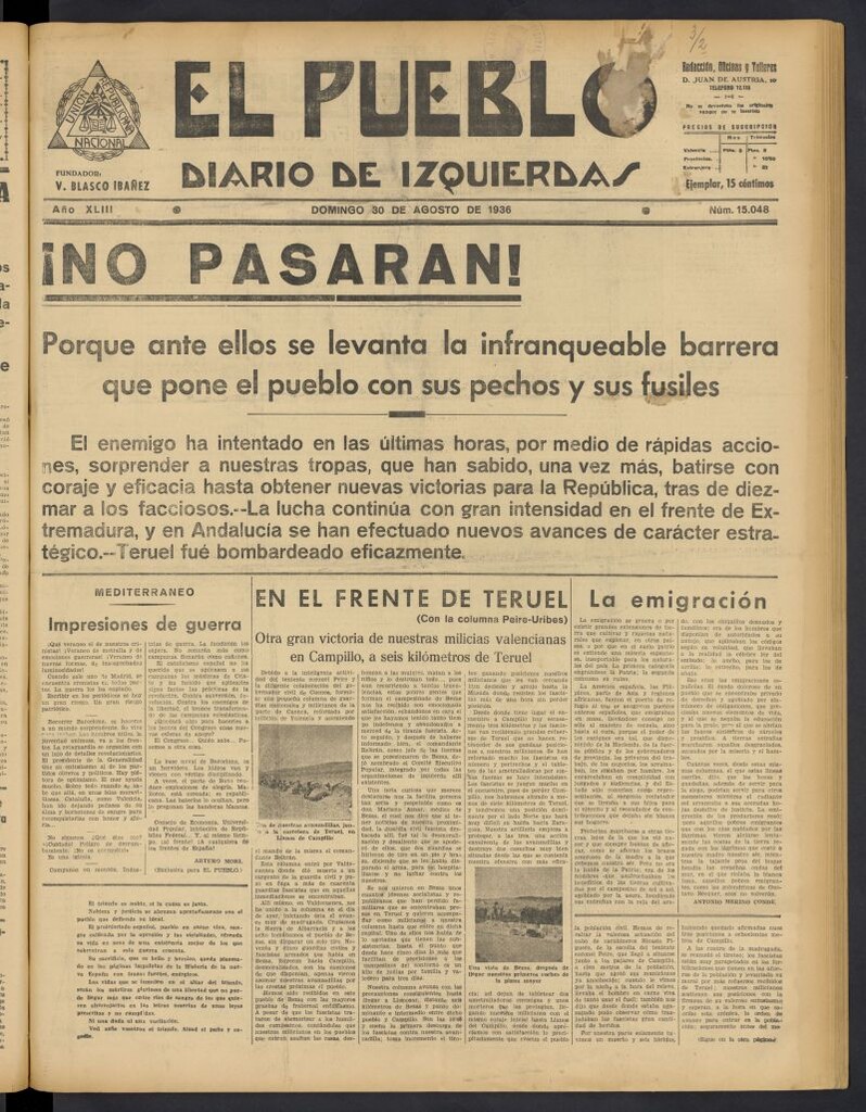 Miniatura de El Pueblo : Diario republicano de Valencia del 30 de agosto de 1936, nº 15.048