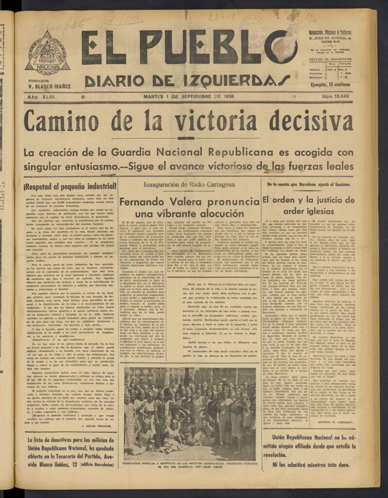 Miniatura de El Pueblo : Diario republicano de Valencia del 1 de septiembre de 1936, nº 15.049