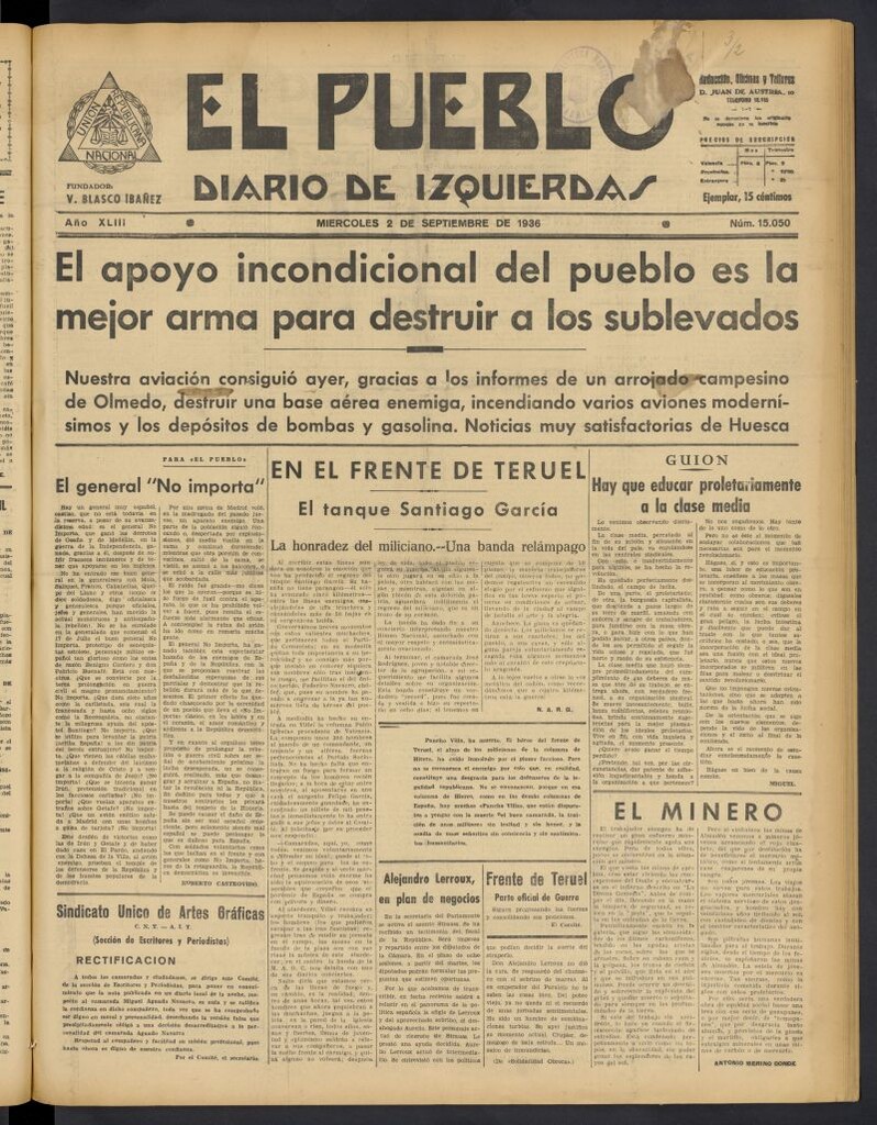 Miniatura de El Pueblo : Diario republicano de Valencia del 2 de septiembre de 1936, nº 15.050